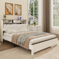 Queen Size Bed Frame with Wooden Storage Headboard, Farmhouse Platform Bedframe with LED Lights and Charging Station, Easy Assembly, No Box Spring Needed (White, Queen)