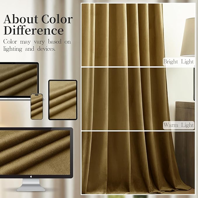 AUSSPVOCT Velvet Curtains 90 Inches Long 2 Panels for Bedroom, Thermal Insulated Room Darkening Luxury Soft Blackout Curtain Back Tab Rod Pocket Window Drapes for Living Room, W52 x L90, Goldbrown