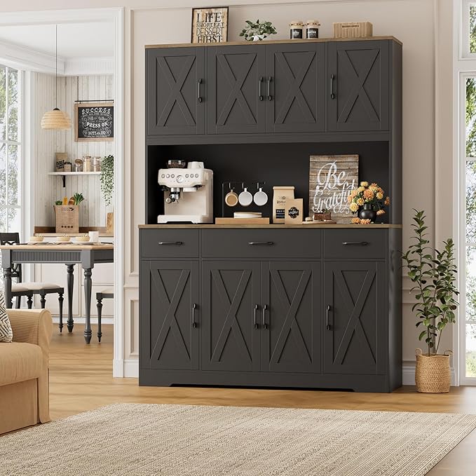 HOSTACK 71" Tall Pantry Cabinet with Charging Station, 55" Wide Kitchen Pantry Storage Cabinet with Countertop, Large Kitchen Hutch with Storage Drawers and Doors for Dining Room, Living Room, Black