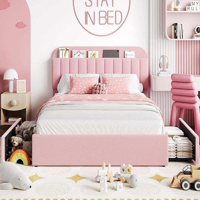 Jojoka Queen Bed Frame with Storage Headboard and 2 Drawers, Boucle Upholstered Platform Bed, Modern Girls Bed Frames for Rooms, No Box Spring Needed, Easy Assembly, Light Pink