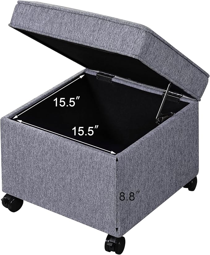 Adeco 17.5" Grey Square Storage Ottoman with Wheels, Modern Cotton Linen Foot Stool with Rollers - Movable & Convenient & Practical, Small Footstool for Living Room, Bedroom