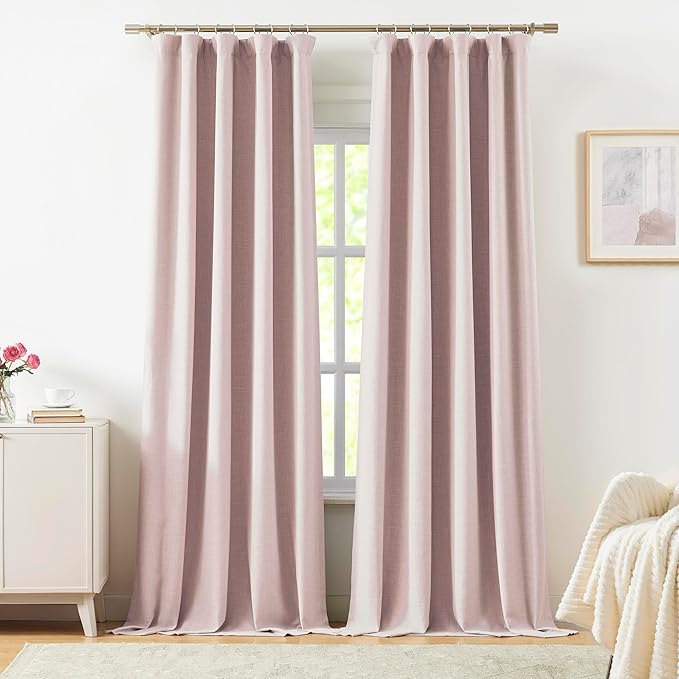 Vision Home Pink Linen Full Blackout Curtains 84 inch Length for Bedroom Living Room Darkening Soundproof Window Panels Thermal Insulated Rod Pocket Back Tab Farmhouse Drapes 56" Wx84 Lx2