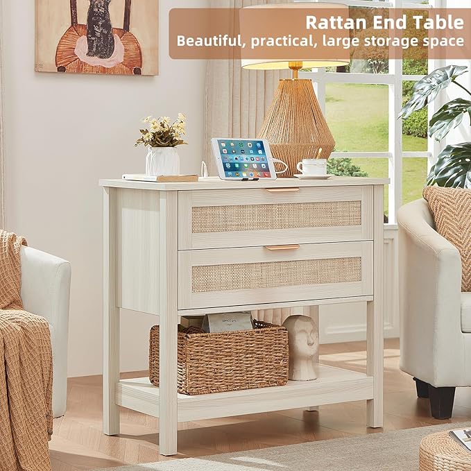 LEYAOYAO 31.5" Wide Rattan Night Stand Set 2 with Charger Station, Oversized Large Boho Nightstand with 2 Drawer, Grey White Bed Side End Tables, Tall Bedside Table for Bedroom Living Room, Hallway