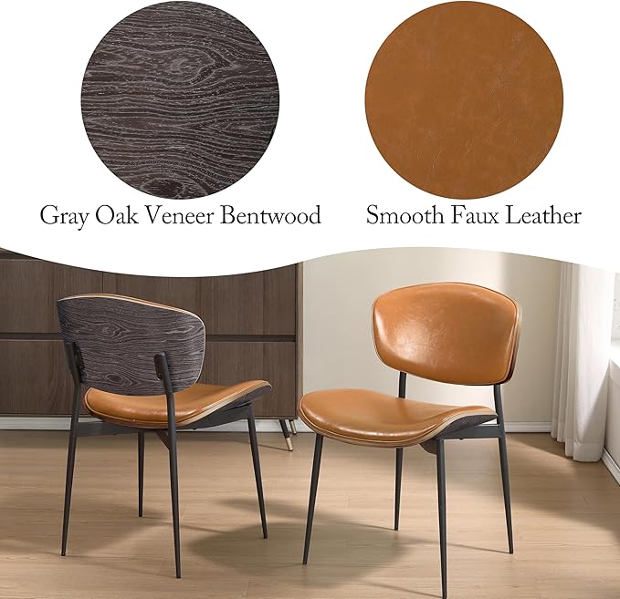 Art Leon Faux Leather Dining Chairs, Set of 2, Mid Century Modern Desk Chair No Wheels, Armless Accent Chair with Black Metal Legs, Brown/Gray Oak