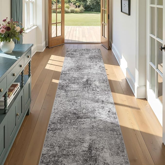 Washable Runner Rug for Hallway: 2.6x10 Neutral Modern Abstract Low Pile Area Rug with Non-Slip Backing - Carpet for Bedroom Kitchen Laundry Entryway Bathroom Indoor - Grey