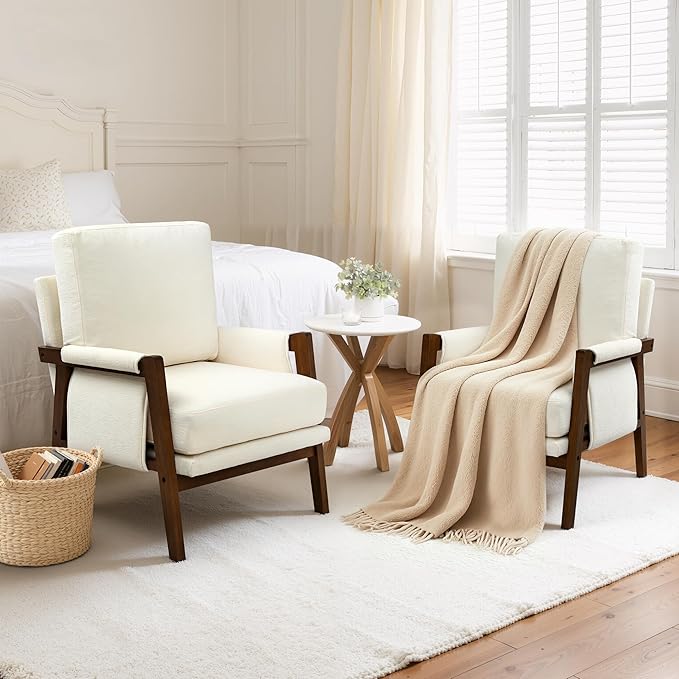 Accent Chairs for Living Room Set of 2, Modern Arm Chairs for Bedroom, Wooden Upholstered Mid Century Accent Chairs, Cream White