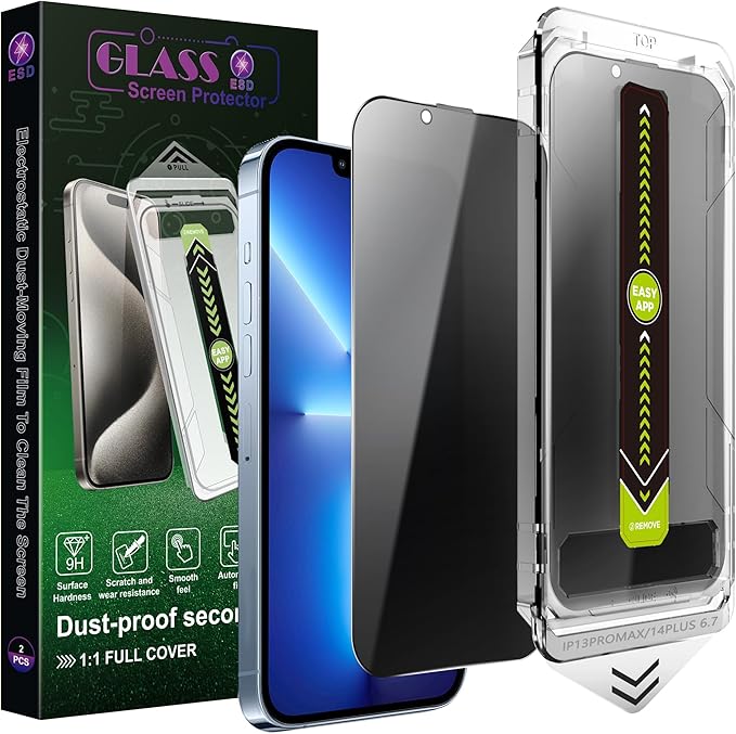 (2-Pack Anti-Spy Privacy Screen Protector for iPhone 13 Pro Max/14 Plus(6.7-Inch),9H Tempered Glass,Full Coverage,Anti-Fingerprint,Auto Dust Removal,Bubble-Free,Easy Installation