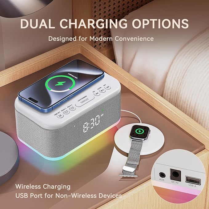 Wireless Charging Alarm Clock Bedroom, Loud Digital Alarm Clocks Bedrooms, Alarm Clock Night Light Speaker 8W Snooze Dual Alarm 12/24H Adjustable Brightness Dimmer Bluetooth, Grey