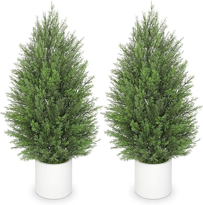 Briful 2PCS 3ft Artificial Cedar Topiary Trees in White Planter – Compact Faux Evergreen Potted Plants with Dense Realistic Layered Leaves, Lifelike Fake Cypress Trees for Home, Office, Patio, Porch