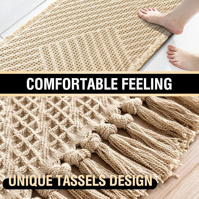H.VERSAILTEX Waffle Bath Mat Super Absorbent Boho Bath Mat Non Slip Bath Rugs for Bathroom Floor Machine Washable Dry Fast Bathroom Rugs with Tassels, 20" x 32", Sand