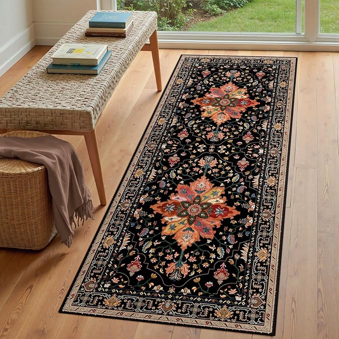 Area Rugs 3'x7' Washable Non-Slip, Floral Vintage Distress Print Pattern Medallion Carpet for Living Room Bedroom Dining Room, Black Colorful Floral Dark Tan