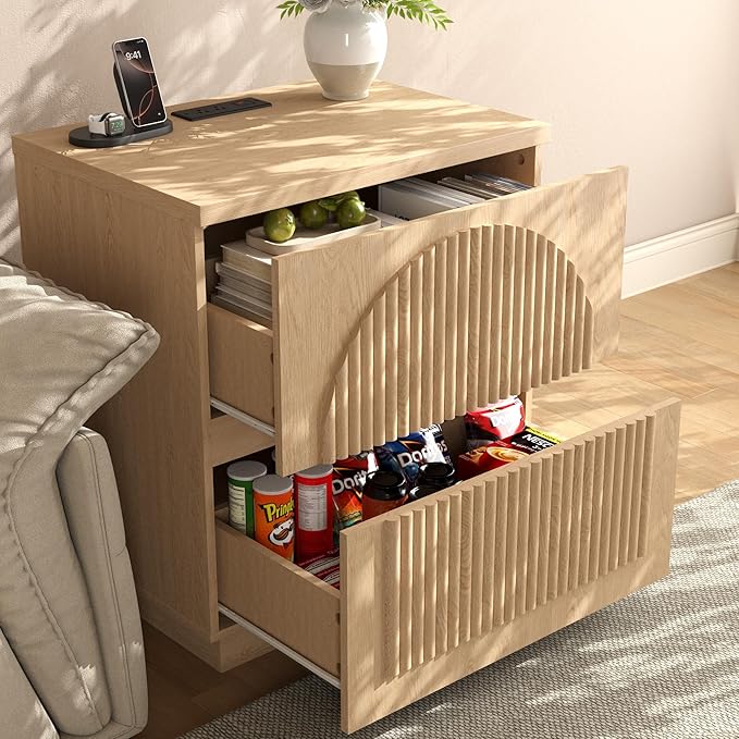 Yechen Nightstand with Drawers, Modern Arched Reeded Wood Nightstand with Charging Station, Wooden Night Stand with Storage,Bedside End Tables for Bedroom, Natural