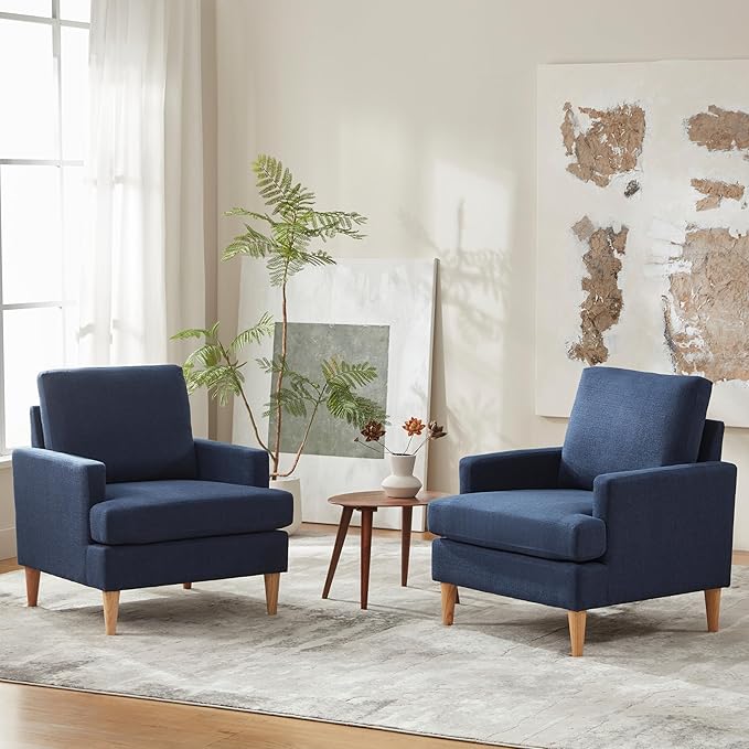 VKNOW Mid-Century Accent Chair, No Tools Assembly Required, Modern Upholstered Polyester Armchair for Living Room,Comfy Reading Accent Chairs with Wood Legs for Bedroom, Navy Blue