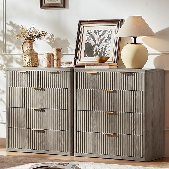 LEYAOYAO Fluted 5 Drawers Dresser for Bedroom, 34" Tall Modern Chest of Drawers with Metal Handle, Curved Profile Design,Grey Wood Drawer Organizer for Bedroom, Living Room, Hallway, Entryway