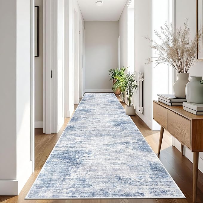 IOHOUZE Abstract Runner Rug 3x16 Ft Washable Runners for Hallways, Non Slip Kitchen Runner Printed Faux Wool Entryway Runner Indoor, Modern Abstract Floor Carpet for Hall Stair, Light Blue White