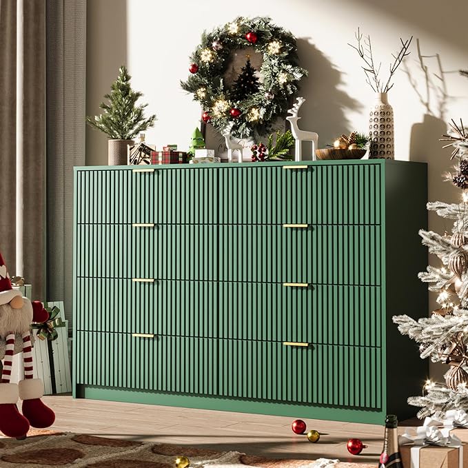 Green Dresser for Bedroom, 8 Drawer Double Dresser, Modern Chest of Drawers for Bedroom, Living Room, Entryway and Closet, 55" L x 15.7" D x 37.4" H