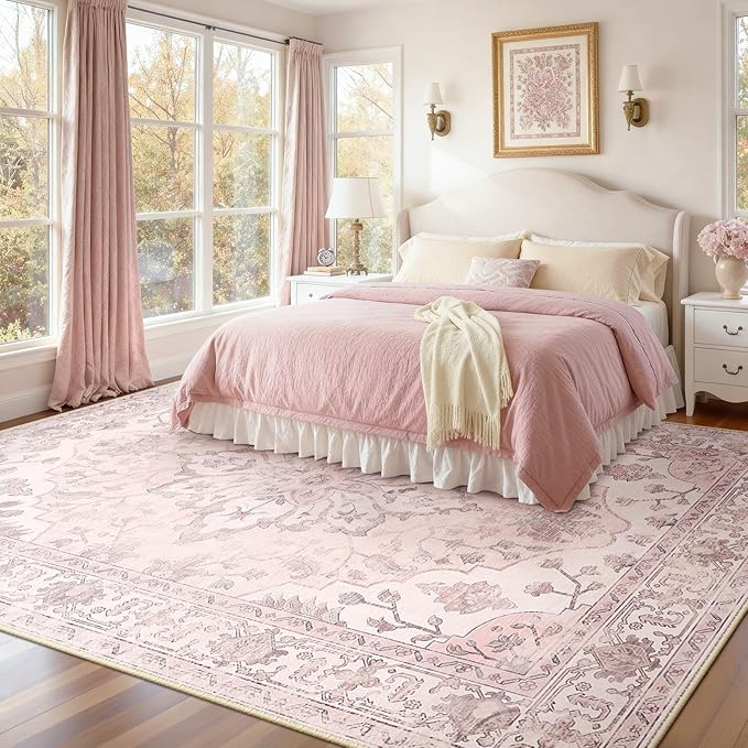 Area Rugs 9'x12' Washable Non-Slip, Floral Vintage Distress Print Pattern Medallion Carpet for Living Room Bedroom Dining Room, Pink Greypink Cute