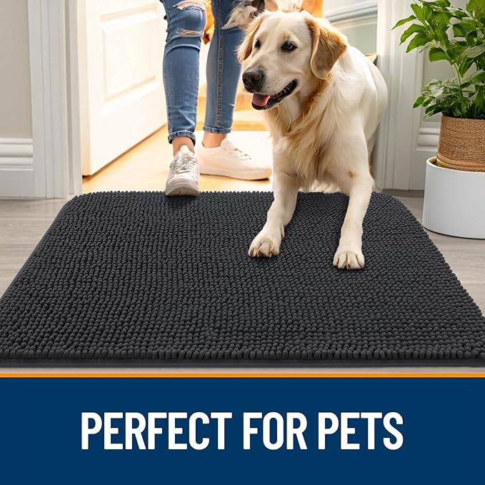 OLANLY Dog Door Mat for Muddy Paws 70x46, Absorbs Moisture and Dirt, Absorbent Non-Slip Washable Doormat, Quick Dry Chenille Mud Mat for Dogs, Entry Indoor Entryway Carpet for Inside Floor, Dark Grey