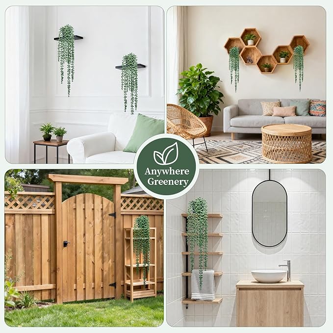 Artificial Hanging Plants for Shelf, 2-Pack Fake Potted Greenery Faux String of Pearls in Black Pot, Décor for Office Living Room Bathroom Indoor Outdoor