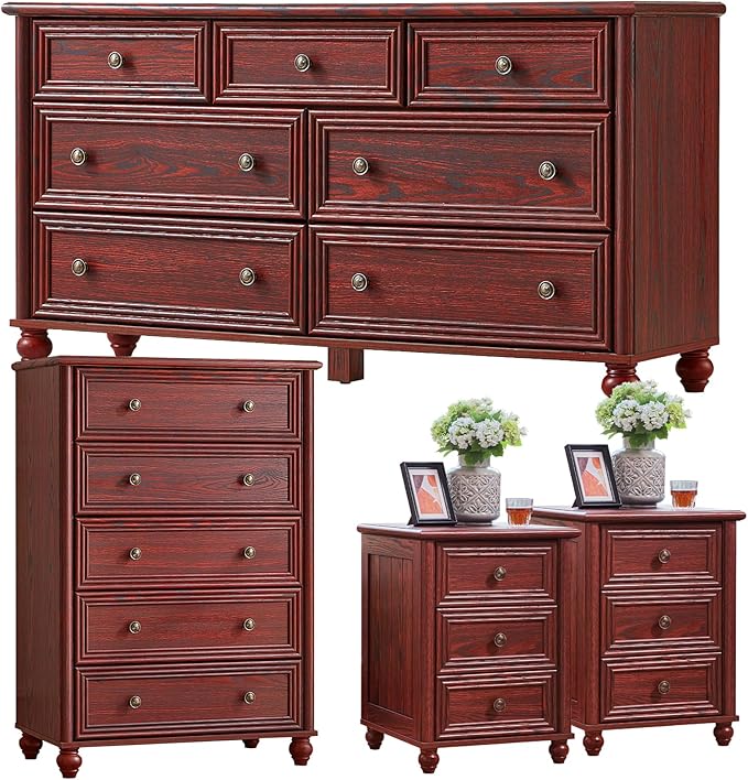 Farmhouse Dressers & Night Stand Set of 4, Wood 54" Wide 7 Drawer Dresser & 45" Tall Chest of Drawers, 18" Roman Column Nightstand Set of 2, Bedroom Furniture Dresser Sets for Home Living Room Hallway