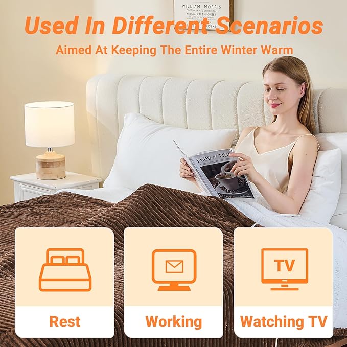 Heated Blanket Electric Throw, Soft Flannel Heating Blanket with 8 Hours Auto Off 10 Fast Heating Levels Machine Washable Sherpa Heated Blanket with Overheating Protection