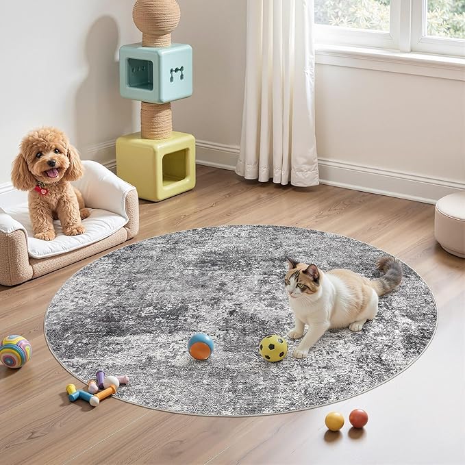 4ft Round Area Rug Living Room Rugs - 4x4 Washable Large Soft Indoor Neutral Modern Abstract Low Pile Rug Carpet for Bedroom Dining Room Farmhouse Home Office - Grey