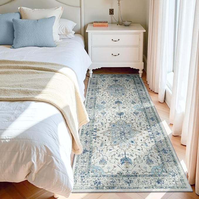Area Rugs 3'x6' Washable Non-Slip, Floral Vintage Distress Print Pattern Medallion Carpet for Living Room Bedroom Dining Room, Light Blue Navy Beige Gray White