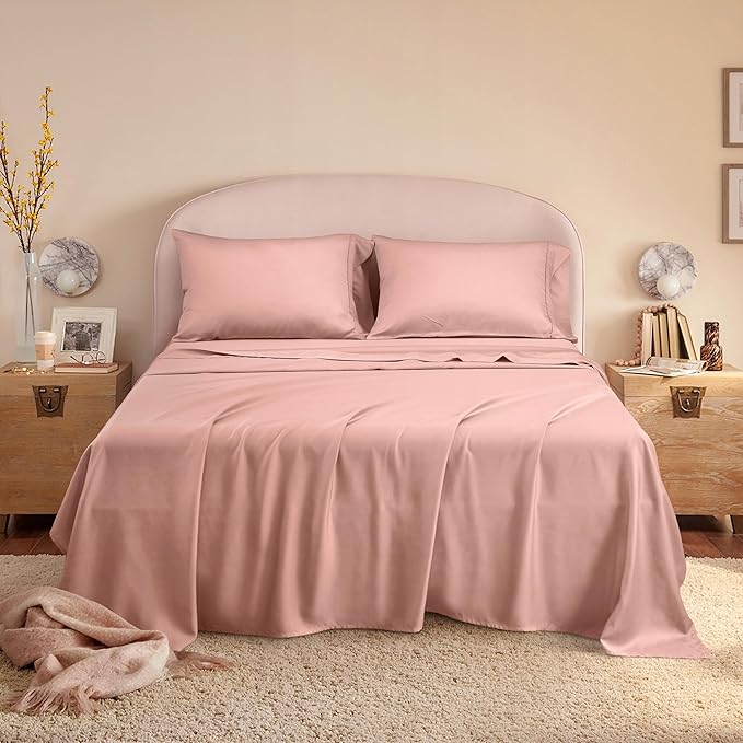 California King Sheets, Rayon Derived from Bamboo, Cooling Bed Sheets Set,Deep Pocket Up to 16", 4 Pieces Silky Soft, Breathable Bedding Sheets & Pillowcases(Pink,California King)