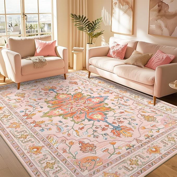Area Rugs 6'x9' Washable Non-Slip, Floral Vintage Distress Print Pattern Medallion Carpet for Living Room Bedroom Dining Room, Light Pink Colorful