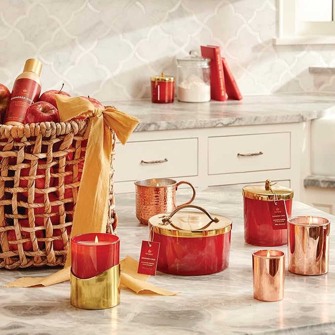 Thymes Simmered Cider Harvest Red 4-Wick Candle – Warm & Spicy Scented Candle with Notes of Freshly Pressed Apple, Clove, & Cardamom – Luxury Home Fragrance – Fall Decor – Red with Gold Lid (21 oz)