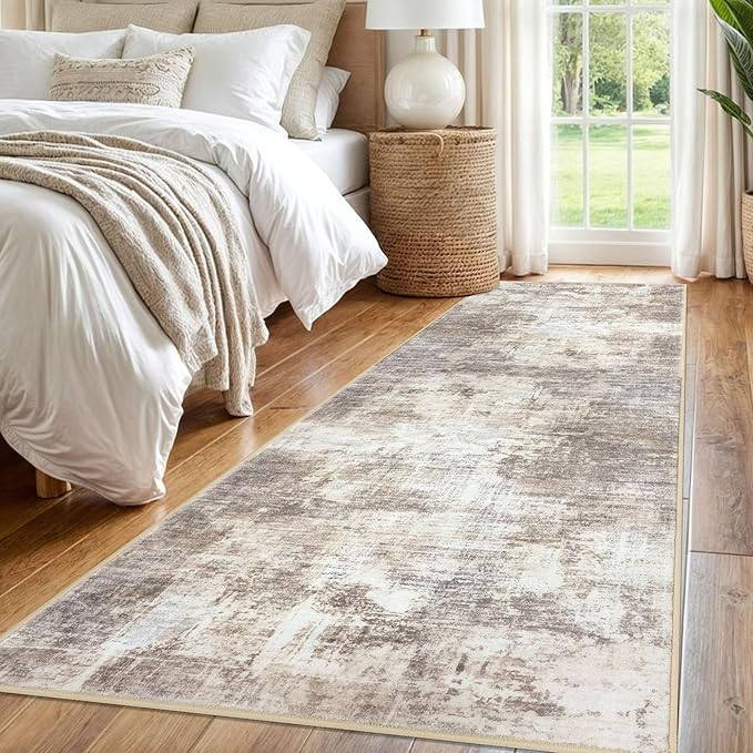 IOHOUZE Abstract Runner Rug 3x8 Ft Washable Runners for Hallways, Non Slip Kitchen Runner Printed Faux Wool Entryway Runner Indoor, Modern Abstract Floor Carpet for Hall Kitchen Bedroom, Beige Brown