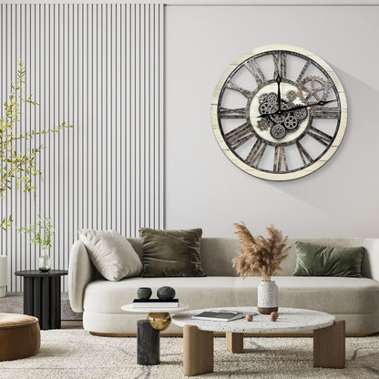HOIBAI Large Wall Clock, Wall Clocks for Living Room Decor 30 Inch Farmhouse Vintage Rustic Kitchen Wall Decor Vintage Roman Oversized Wall Clock for Home Bedroom House, Moving Gears Clock