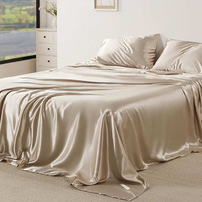 Bedsure Satin Sheets Full Size - 4 Piece Silky Bedsheets with 15 Inches Deep Pocket Fitted Bedsheet,1 Flat Sheet, 2 Satin Pillowcases, Good for Hair & Skin (Full, Khaki)