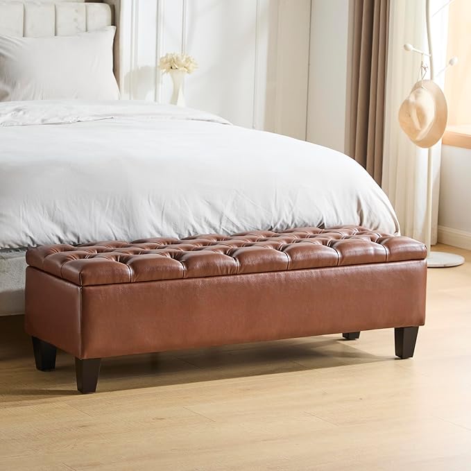 GDFStudio Boucle Storage Ottoman Bench with Button Tufting, 50.75” Upholstered Entryway Bench with Hidden Storage, Soft Close Lid, Rubberwood Legs, Extra Seating for Bedroom, Living Room – Brown