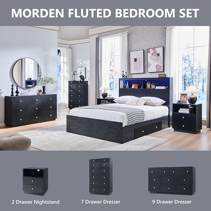 Fluted 7 Drawer Dresser for Bedroom, 48" Tall Black 7 Drawer & Chests of Drawers, Wood Modern Chest of Drawers with Deep Storage for Bedroom, Closet Hallway, Entryway, Living Room, Black
