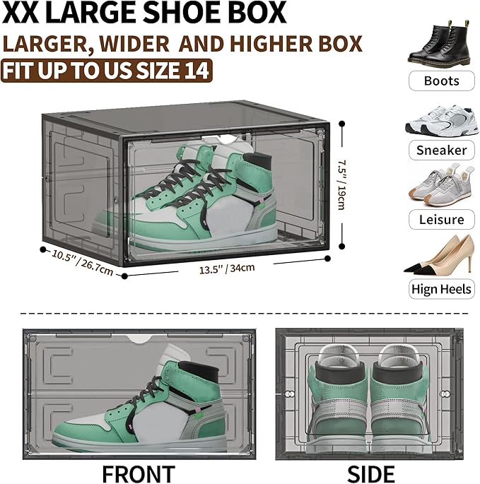 6 Pack XX Large Shoe Organizer, Heavy-Duty Hard Thicken Plastic Clear Stackable Shoe Storage Box Organizer for Closet, Space-Saving Shoe Rack Display Case Bin Containers for Sneakers, Grey