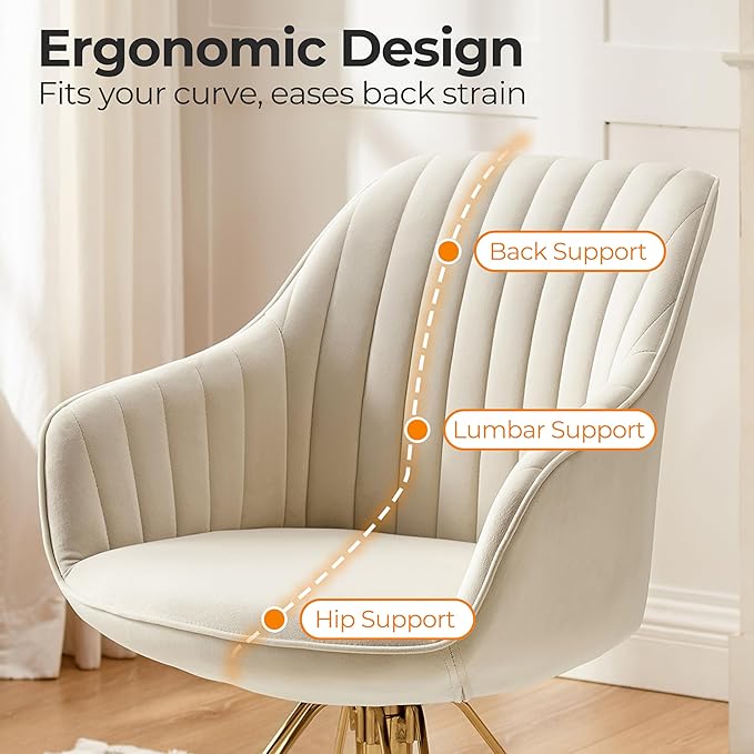 Zouron Mid Century Modern Swivel Accent Chair with Gold Metal Legs, Upholstered Desk Chair No Wheels, Side Office Arm Chair Vanity Chair for Small Space Home Office Living Room Bedroom, Beige