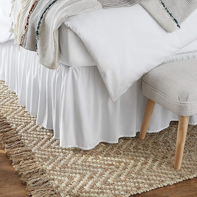 KRISHNA Ruffled Bed Skirt with Split Corners Queen, 100% Microfiber Hotel Quality, 14 Inch Drop Dust Ruffle Gathered Bedskirt with Platform, 60" x 80", White