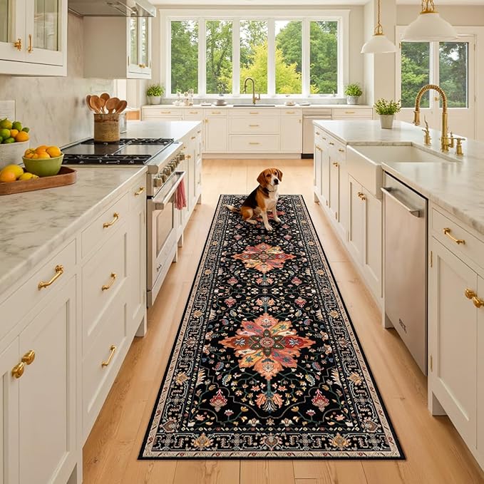 Area Rugs 2'x8' Washable Non-Slip, Floral Vintage Distress Print Pattern Medallion Carpet for Living Room Bedroom Dining Room, Black Colorful Floral Dark Tan