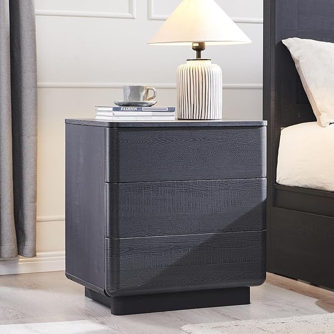 ACCOHOHO 22" Modern Nightstand Set of 2 with Charging Station, Push-to-Open Handleless 3-Drawer Bedside Table, Large End Table with Storage, Night Stand for Bedroom, Living Room, Curved Profile, Black