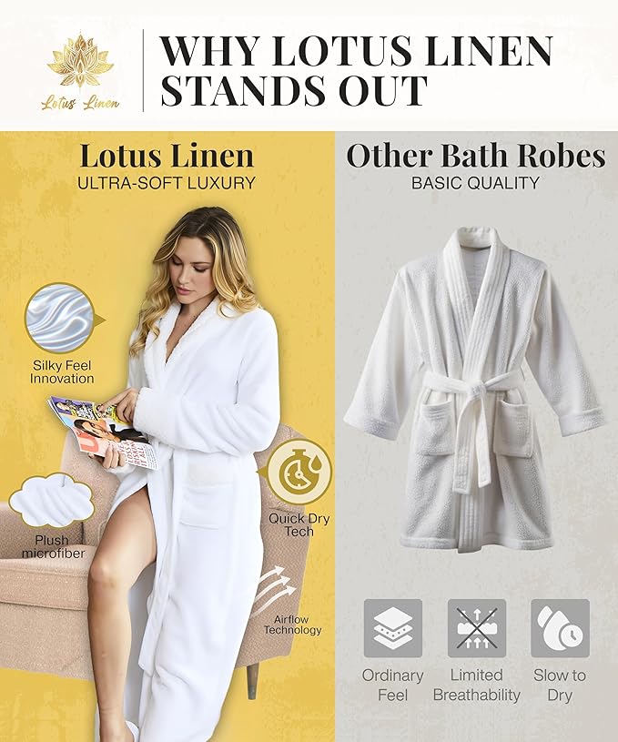 Lotus Linen Plush Robes for Women - Soft Bathrobe, Custom Monogram, Warm Fleece Robe with Pockets