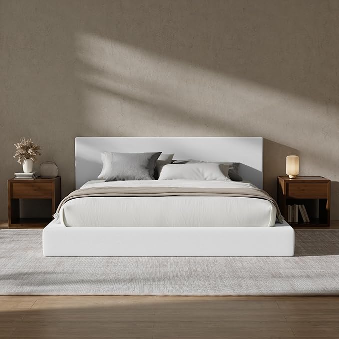 RECCI Cloud Upholstered California King Bed Frame with Headboard, 5 Inch Foam Padded Platform, No Box Spring, Easy Assembly (Snow White)