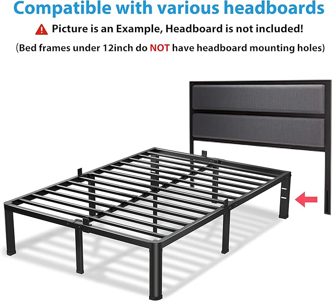 12 Inch Full Size Bed Frame, 3500Lbs Heavy Duty Metal Platform with Round Corner Legs Mattress Slide Stopper, Steel Slat Support No Box Spring Needed, Noise Free, Non-Slip, Easy Assembly
