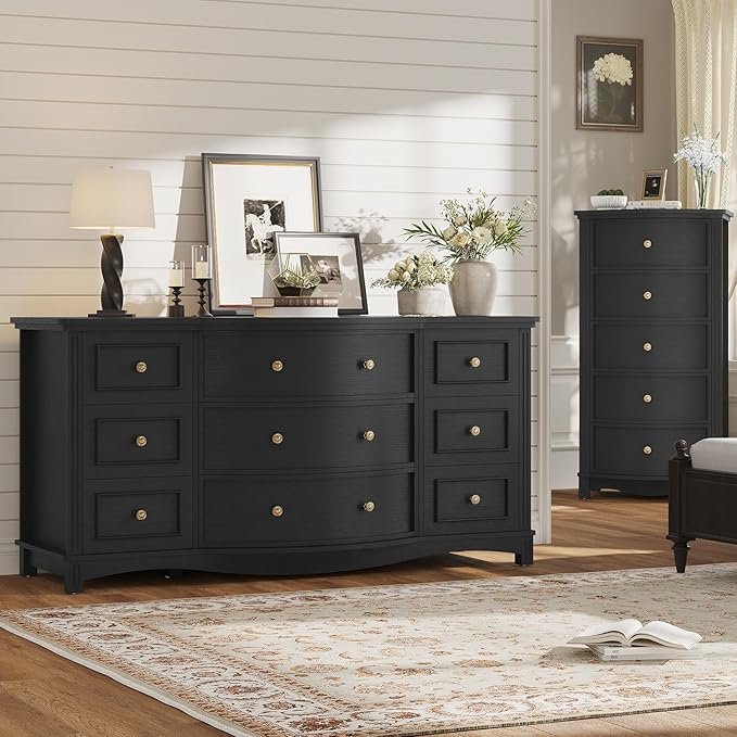 9-Drawer Chest, Wide Dresser with 3 Large Arc Fronts,Roman Column Decor, Spacious Bedroom Storage Furniture, 55 Inch Long (Black, 9 Drawer)