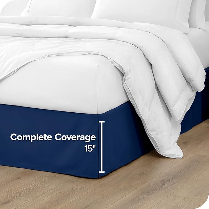 Bare Home Queen Bed Skirt - 15-Inch Tailored Drop Easy Fit - Bed Skirt for Beds - Center & Corner Pleats (Queen, Dark Blue)