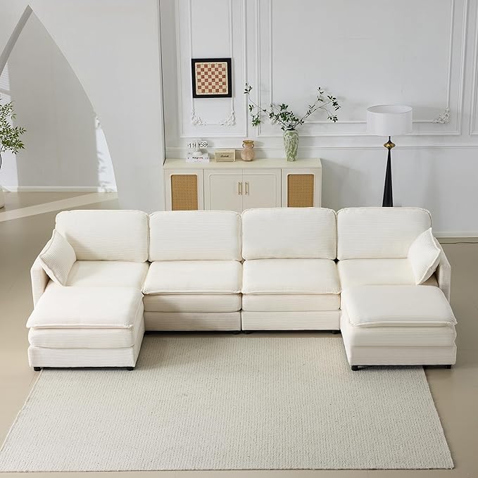 Plush Cloud 3-Seater Sofa with 2 Footstools and Beige Chenille Cushions, Modular 4-Seater Sofa for Small Space Apartment Living Room Bedroom
