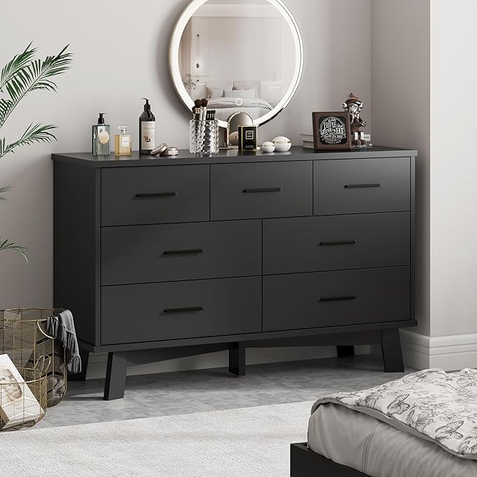 Dresser for Bedroom with 7 Drawer, Wood Modern Chest of Drawers with X-Shaped Sturdy Base, Wide Double Dresser Closet Clothes Storage Organizer, Wooden TV Stand for Living Room, Hallway, Black