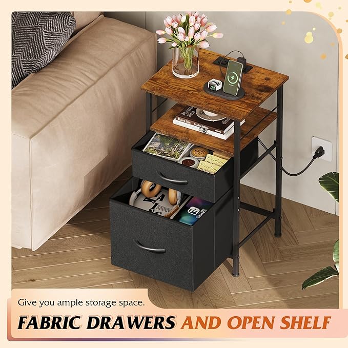 WLIVE Nightstand with Charging Station, Night Stand with 2 Fabric Drawers, Bedside Table, Small Dresser for Bedroom, Side Table with USB Ports and Outlets, Black and Rustic Brown