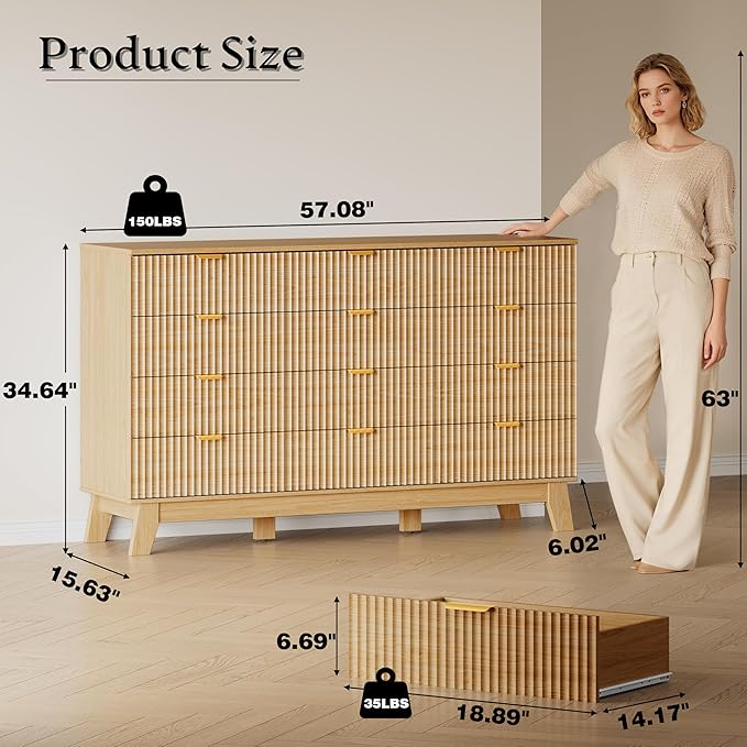 57" Wide Dresser for Bedroom, 12-Drawer Fluted Dresser with Metal Handles, Wood Chest of Drawers with Smooth Slides and Stable Base, Modern Storage Cabinet for Living Room, Nursery