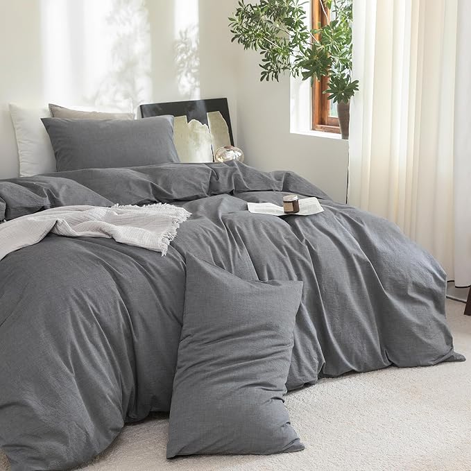 FOSSA Duvet Cover Set 100% Washed Cotton Linen Feel Super Soft Breathable Cozy 3 Pieces Bedding Sets Solid Dark Grey Oversized King
